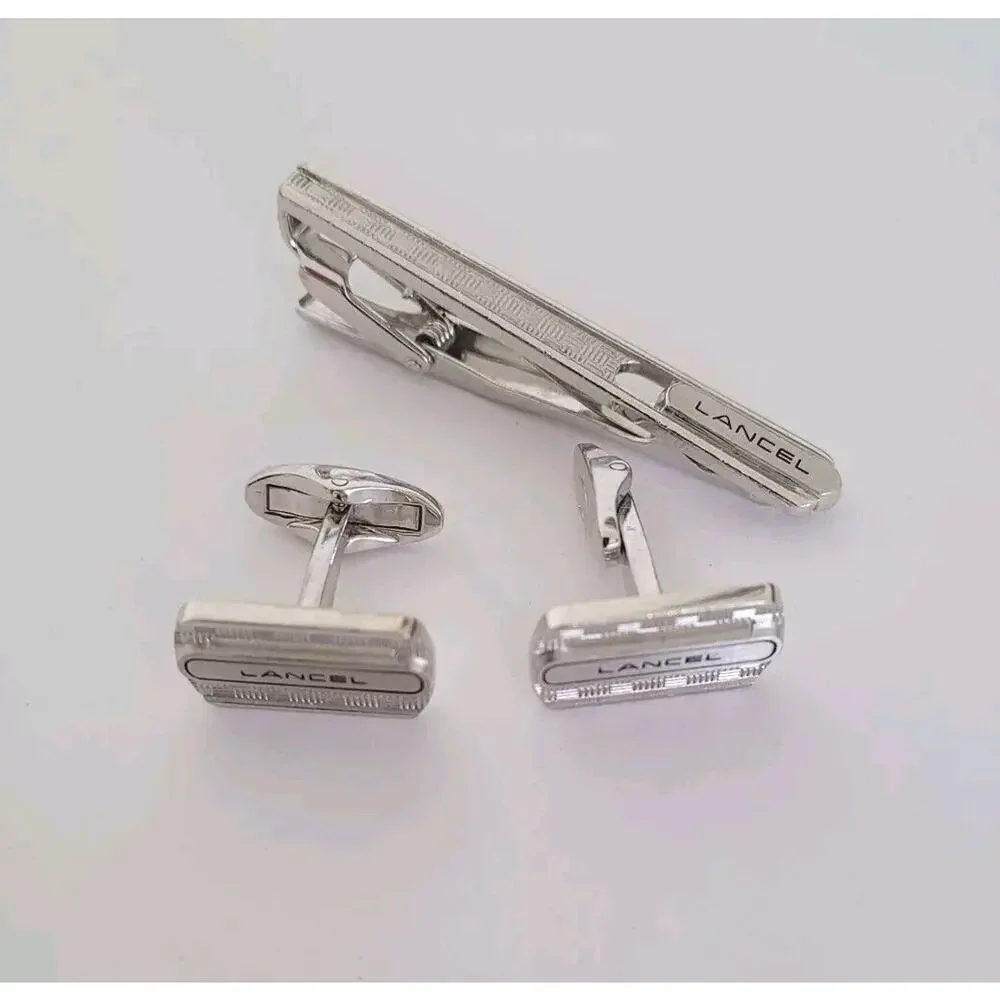 Lancel French Tie Clip Cufflinks Set‎ Silver Tone Logo